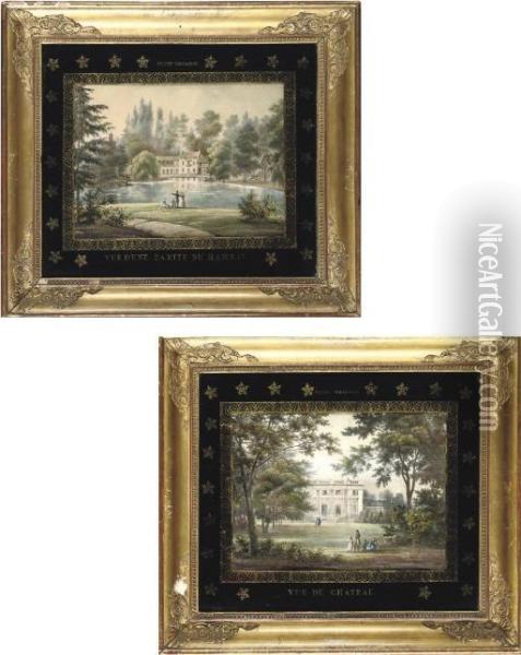 Le Petit Trianon, Versailles: Vue Du Chateau
, And 
Vue D'une Partie Du Hameau Oil Painting - Charles-Jean Guerard
