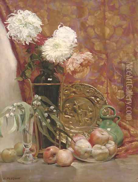 Chrysanthemums in a vase Oil Painting - Gaston Ploquin
