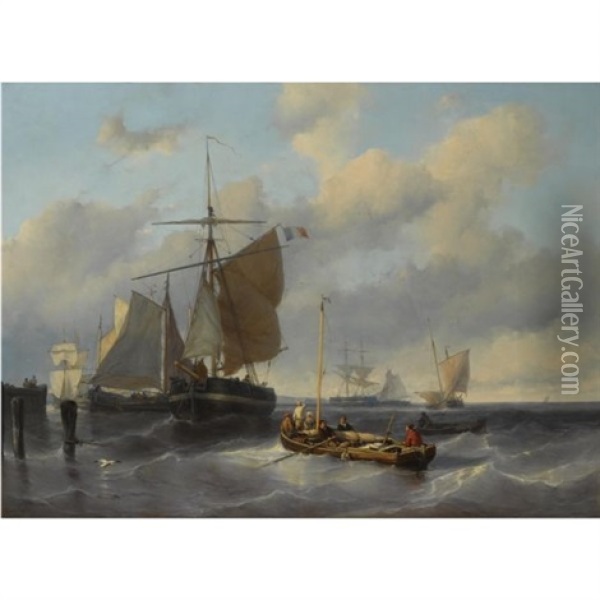 Fishing Boats Near The Coast Oil Painting - Johan Hendrik Meyer