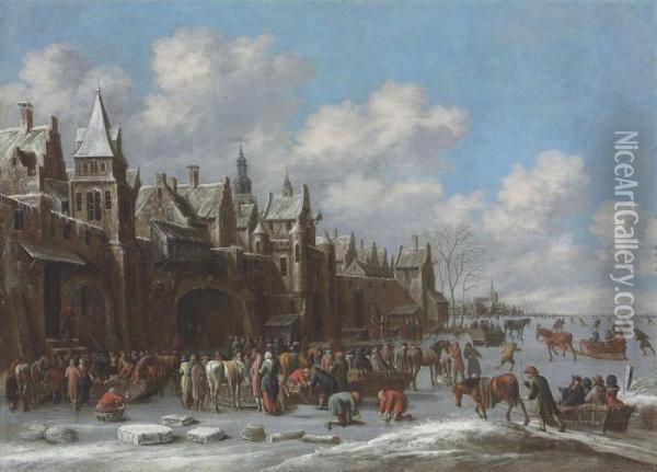 A Winter Landscape With Villagers On A Frozen Lake Outside Atown Oil Painting - Thomas Heeremans