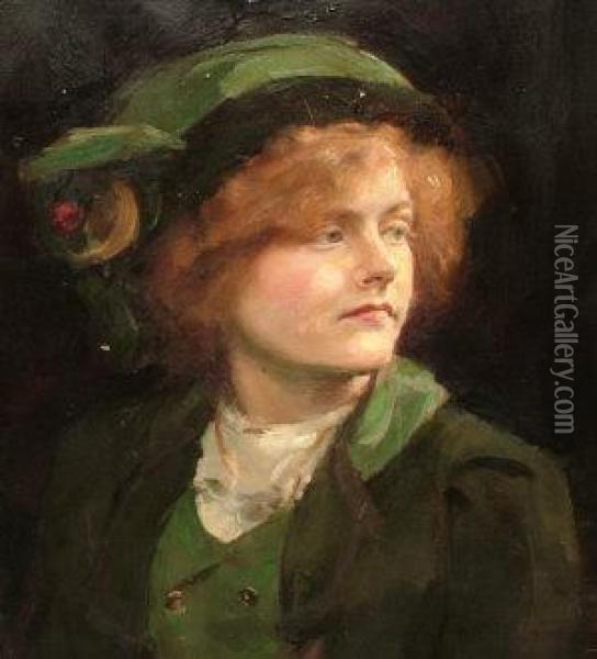 1949 Exh 1894-1937- Portrait Of A Lady Quarter-length In A Green Coat And Hat Turned To The Right Oil Painting - Frank Thomas Copnall