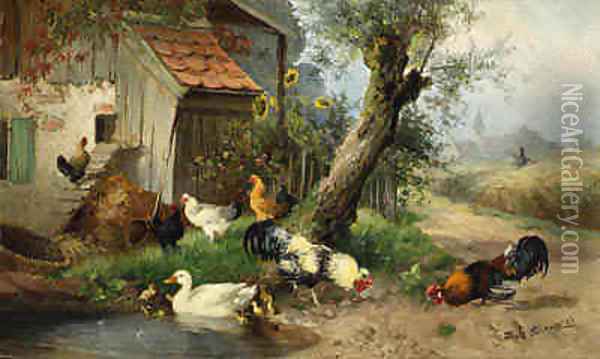 Roosters, Hens and Ducks on the Farm Oil Painting - Julius Scheuerer