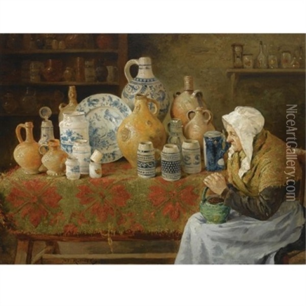 An Earthenware Store With A Lady Seated Oil Painting - Joseph Leopold Ratinckx