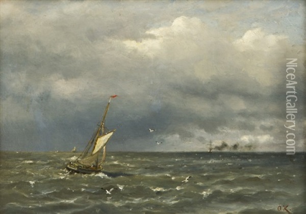 Fishing Boat At Sea Oil Painting - Oskar Conrad Kleineh