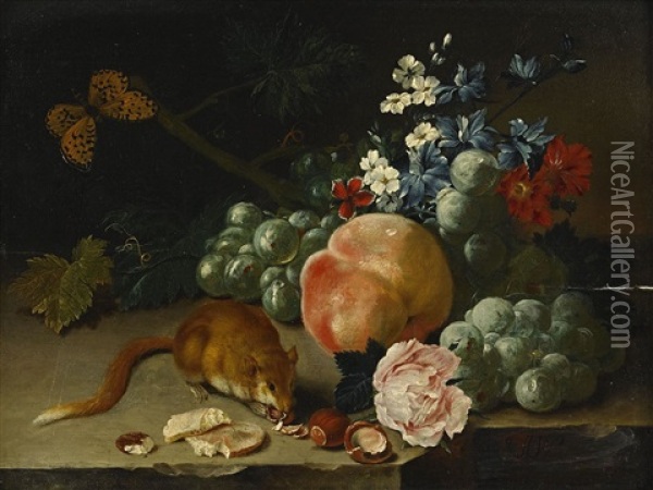 Still Life With Hazelnuts, Fruit And Flowers Oil Painting - Johann Amandus Winck