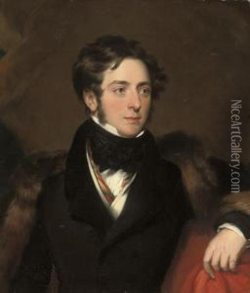 Portrait Of A Gentleman 
Traditionally Identified As Sir Henry Blackwood, Half-length, In A Black
 Coat With A Fur Wrap Oil Painting - George Henry Harlow