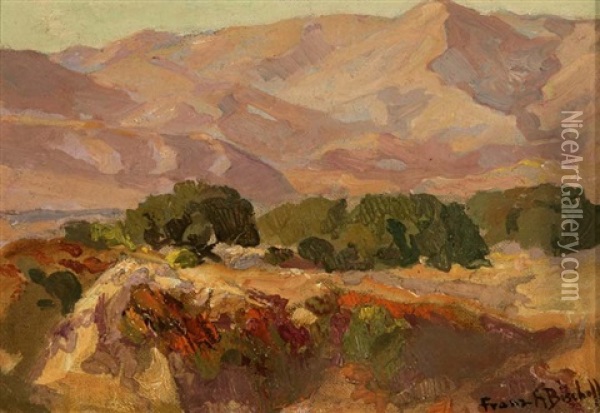 Pink Mountains In A Landscape Oil Painting - Franz Arthur Bischoff