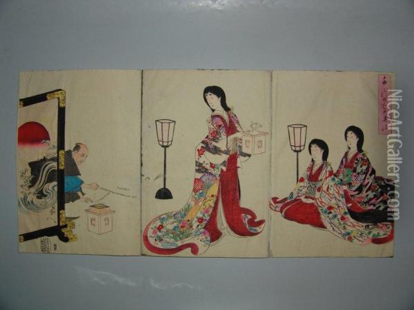 Trois Femmes Jouent Au Jeu De Graines Oil Painting - Yoshu Toyoharu Chikanobu /