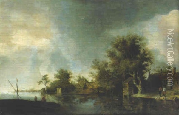 A River Landscape With Cottages And Fisherman Oil Painting - Pieter de Neyn