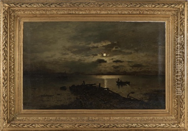 Manbelyst Kustlandskap Med Angfartyg Och Fiskare I Roddbat (mojligen Vid Arild) Oil Painting - Axel Wilhelm Nordgren