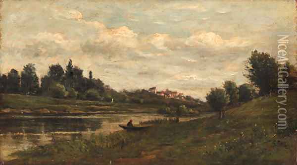 Pecheur au bord de la riviere Oil Painting - Charles-Francois Daubigny