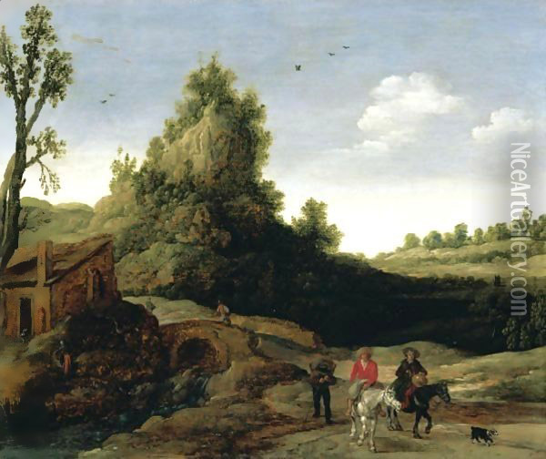 Landscape With Travellers Crossing A Bridge Before A Small Dwelling, Horsemen In The Foreground Oil Painting - Esaias Van De Velde