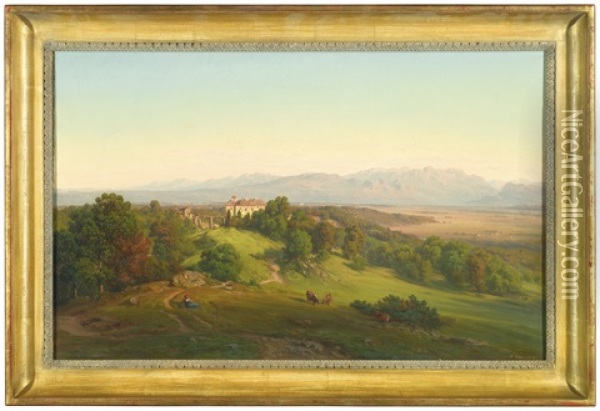 Extensive Landscape With Herdswoman And Her Cattle, A Villa Beyond Oil Painting - Wilhelm Fries