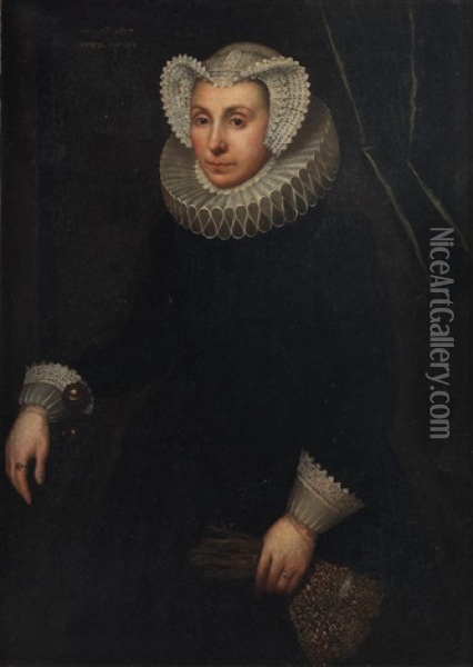 Portrait Of A Lady, Three-quarter-length, In Black, Holding Gloves Oil Painting - Gortzius Geldorp
