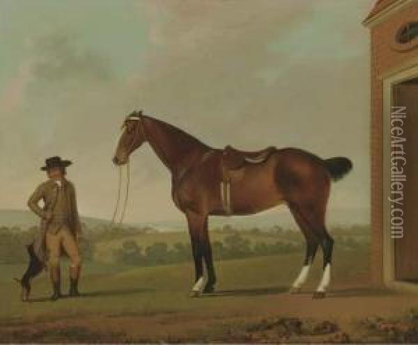 A Groom Holding A Saddled Hunter Outside A Stable With Aterrier Oil Painting - James Millar