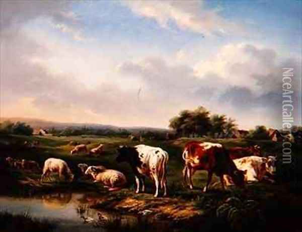 Cattle and Sheep in a Landscape Oil Painting - Charles Desan