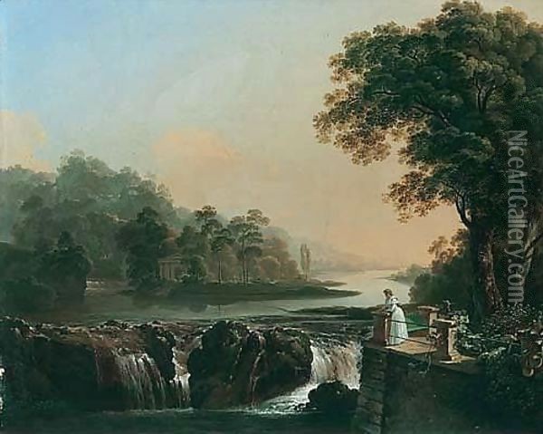 A River Landscape With A Young Girl Standing On A Terrace Overlooking A Waterfall, A Classical Temple On An Island Beyond Oil Painting - Johann Jacob Biedermann