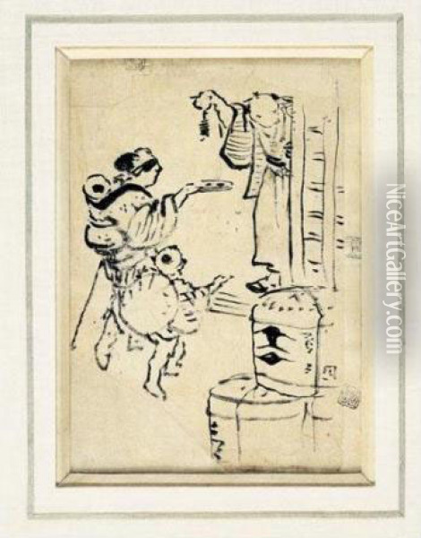 Dessin: Une Femme Et Son Enfant Faisant L'aumone Oil Painting - Katsushika Hokusai