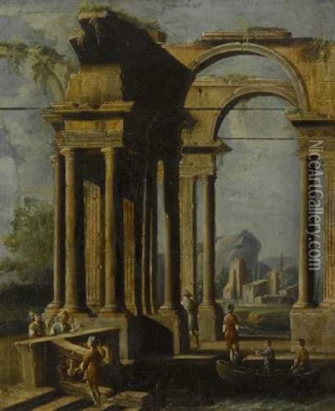 Ruinencapriccio Mit Figurenstaffage Oil Painting - Francesco Battaglioli