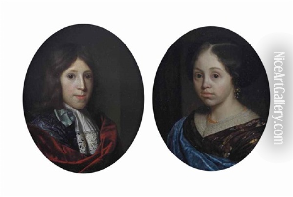 Portrait Of A Boy, Bust-length, In A Blue Embroidered Jacket, Cravat And Red Wrap; And Portrait Of A Girl, Bust-length, In Brown Embroidered Dress And A Blue Wrap Oil Painting - Godfried Schalcken