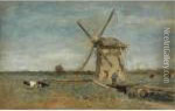 A Peasant Near A Windmill, Noorden Oil Painting - Jan Hendrik Weissenbruch