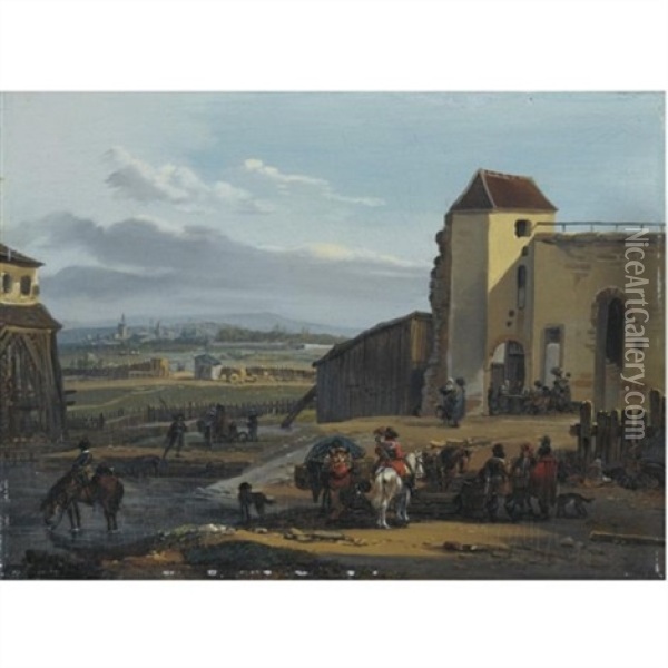 Travellers Resting Before The Fortifications Of A Distant City Oil Painting - Claude Michel Hamon Duplessis