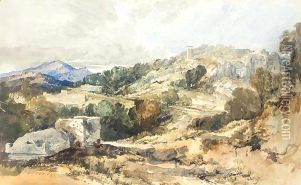 View From The South East Of The Pillar Tomb And The Roman Acropolis At Xanthus, Lycia, With Rock Tombs In The Cliff Face Oil Painting - William James Muller