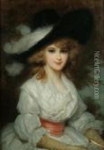 Portrait Of A Lady Wearing A White Dress And Black Hat In The 18th Century Style Oil Painting - Luigi Rossi