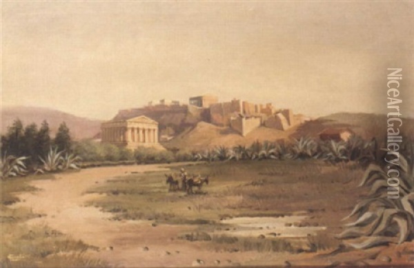 A View Of The Theseum With The Acropolis Beyond, Athens Oil Painting - Luigi Gioli