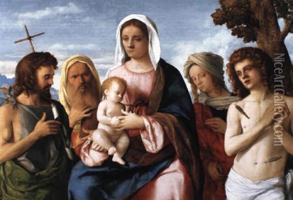 The Virgin And Child With Saints John, Zachariah, Margaret And Sebastian Oil Painting - Giovanni Bellini