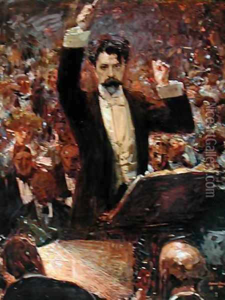 Arthur Nikisch 1855-1922 Conducting a Concert at the Gewandhaus in Leipzig, 1910 Oil Painting - Robert Sterl