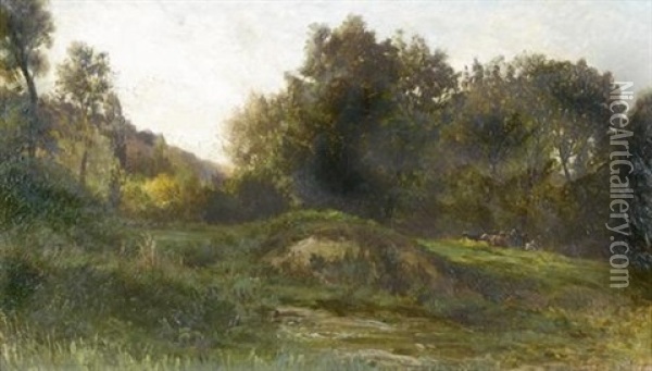 Hugelige Landschaftspartie Mit Kuhherde Oil Painting - Emile Charles Lambinet