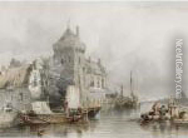 A Town By A River Oil Painting - Salomon Leonardus Verveer
