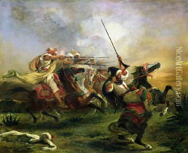 Moroccan horsemen in military action 1832 Oil Painting - Eugene Delacroix
