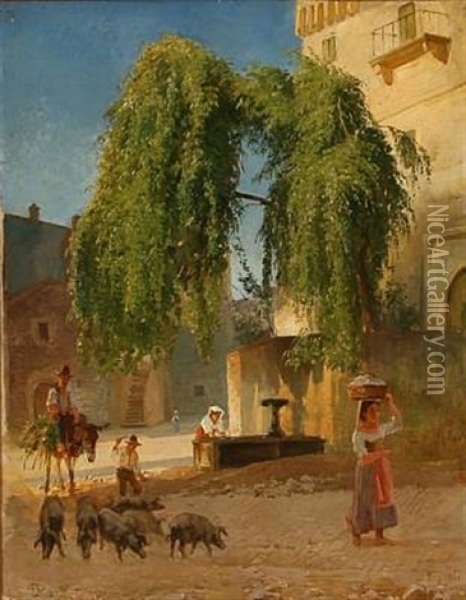 Street Scene In Frascati, Italy Oil Painting - Edvard Frederik Petersen