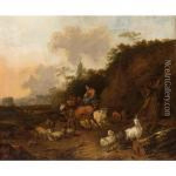 A Italianate Landscape With A Shepherdess And Her Cattle Oil Painting - Jan Frans Soolmaker