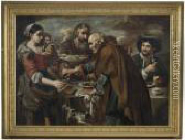 A Roman Street Scene With 
Peasants Eating And Drinking, Possibly Representing The Five Senses Oil Painting - Bernhard Keil