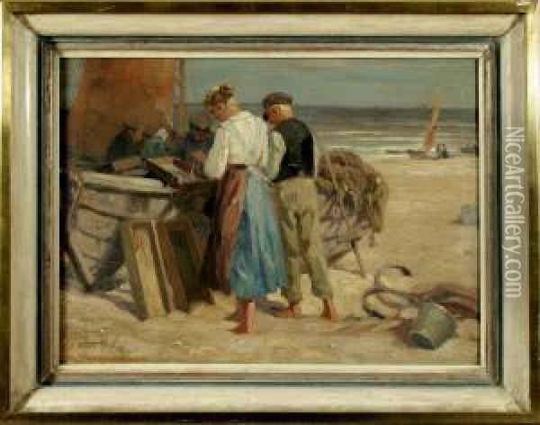 Fischerund Fischerin Beim Netze Flicken Am Strand Von Katwijk Oil Painting - Heinrich Hermanns