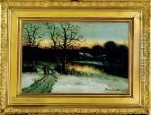 Snowy Landscape At Dusk Oil Painting - Bruce Crane