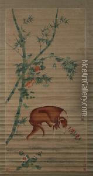 Dog Under Bamboo Oil Painting - Lang Shih-Ning