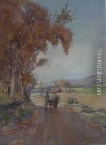 Country Lane With Horse And Cart Oil Painting - James Watson