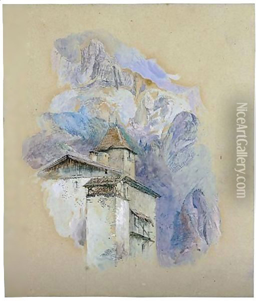 A View Of A Building And Tower In The Alps Oil Painting - John Ruskin
