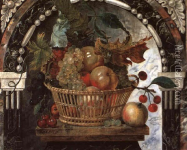 Stilleben Von Weintrauben, Apfeln Und Kirschen In Einer Steinernen Nische Oil Painting - Louis Hermans