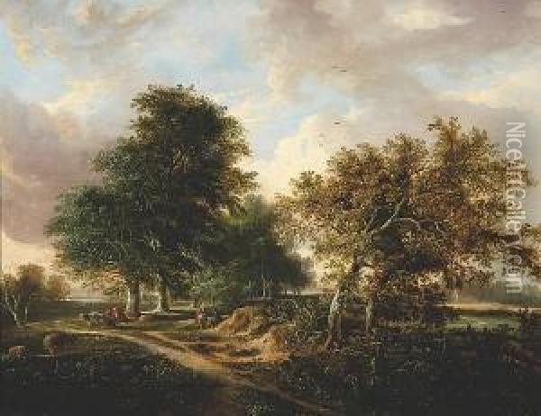 Landscape With Sheep And Cattle, Possibly The Yare Valley Oil Painting - Samuel David Colkett