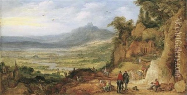 An Extensive Mountain Landscape With Travellers On A Road By An Inn Oil Painting - Joos de Momper the Younger