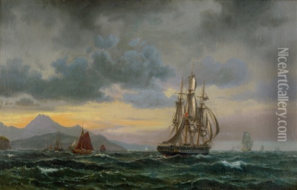 Englischer Dreimaster Auf Rauer See Vor Felsiger  Kuste (gibraltar?) Oil Painting - Vilhelm Melbye