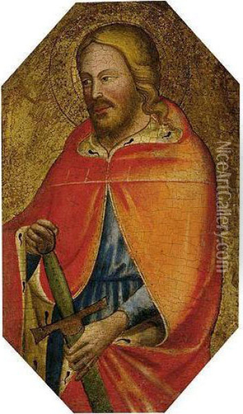 A Young Male Saint, Probably Saint Julian The Hospitator, Three-quarter Length, In An Ermine-lined Cloak And Holding A Sword Oil Painting - Master Of Sant'Ivo