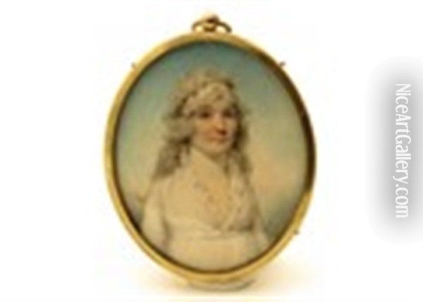 Portrait Miniature Of A Lady, Half Length, Wearing A White Dress Oil Painting - George Engleheart
