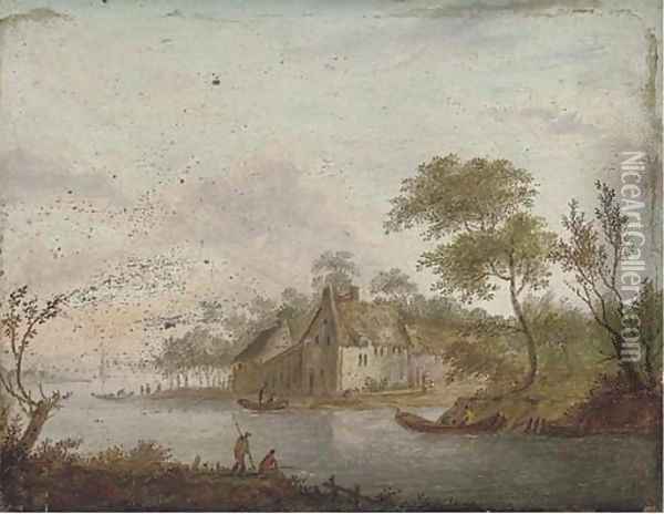 A wooded river landscape with an angler on the river bank, a town beyond Oil Painting - German School