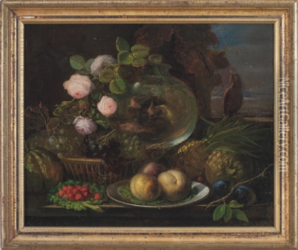 Still-life With Roses, Fruit, Bowl Of Gold Fish And Parrot At A Window Oil Painting - Alexandre Francois